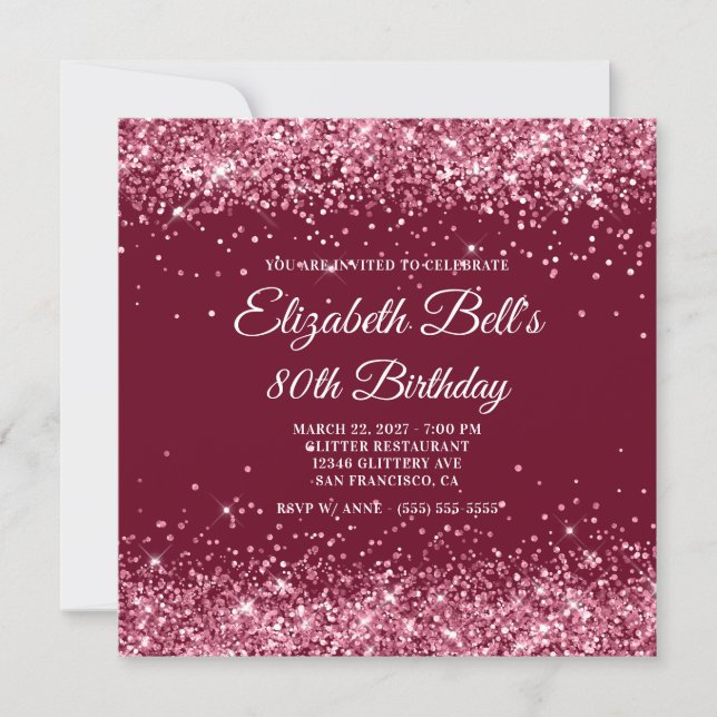 Glittery Burgundy 80th Birthday Invitation (Front)