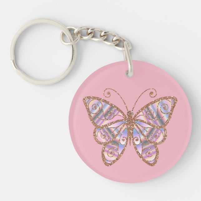 Glittery Butterfly Personalised Pink Key Chain (Front)