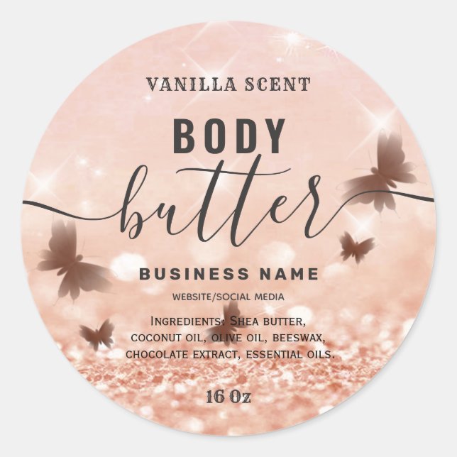 Glittery butterfly script body butter label (Front)