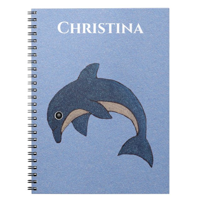 Glittery Cartoon Type Jumping Dolphin Dark Blue Notebook (Front)