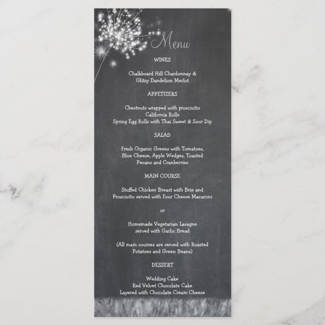 Glittery Chalkboard Dandelions Wedding Menu (Front)