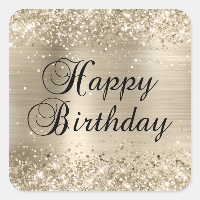 Glittery Champagne Foil Happy Birthday Square Sticker (Front)