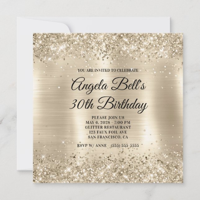 Glittery Champagne Gold Foil 30th Birthday Invitation (Front)