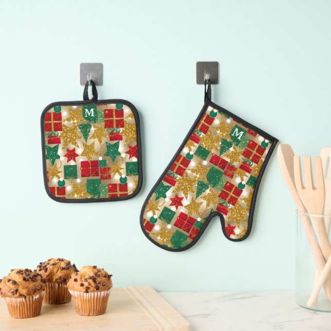Glittery Christmas Pattern Oven Mitt & Pot Holder Set (Insitu(Hanging))