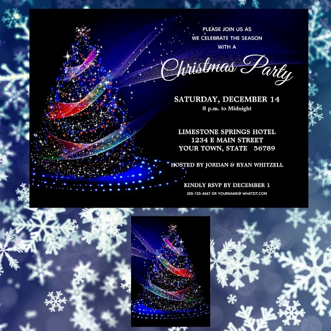 Glittery Christmas Tree Navy Starry Holiday Party Invitation (Creator Uploaded)