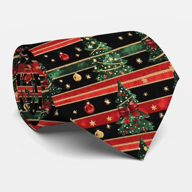 Glittery Christmas Tree - Red Black Green Striped Tie (Rolled)