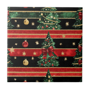 Glittery Christmas Tree - Red Black Green Striped Tile