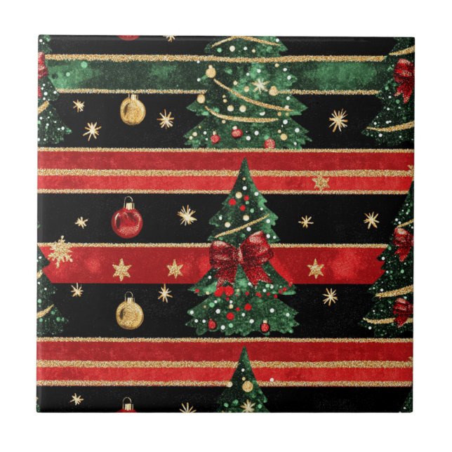 Glittery Christmas Tree - Red Black Green Striped Tile (Front)