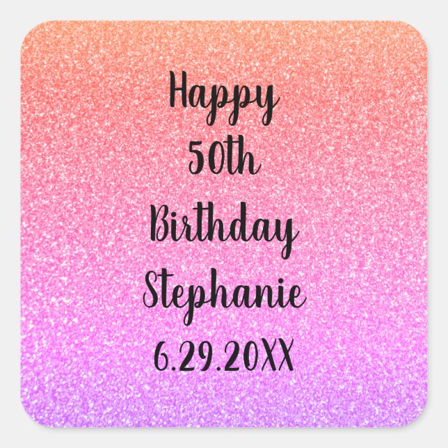 Glittery Custom Happy Birthday Name Rose Gold Pink Square Sticker (Front)
