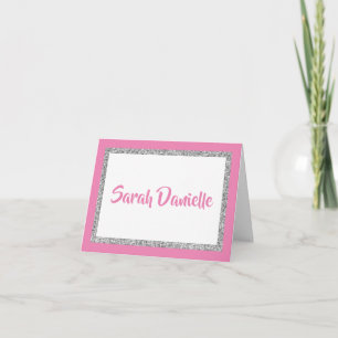 Glittery Dark Pink & Silver Personalised Note Card