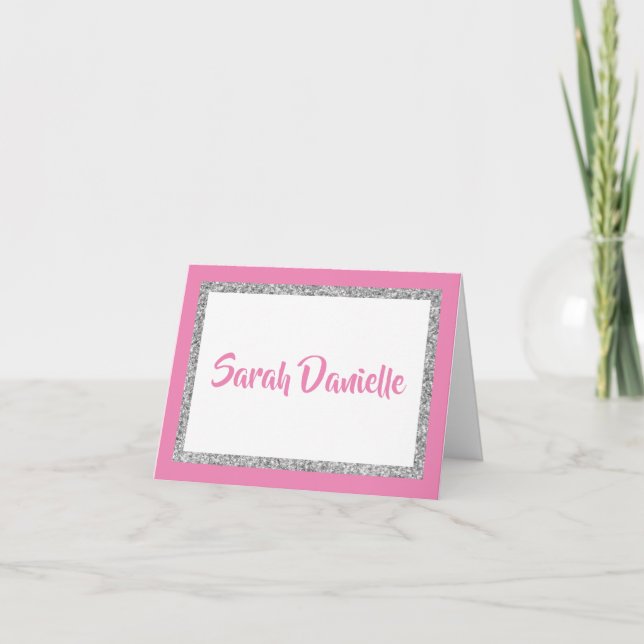 Glittery Dark Pink & Silver Personalised Note Card (Front)