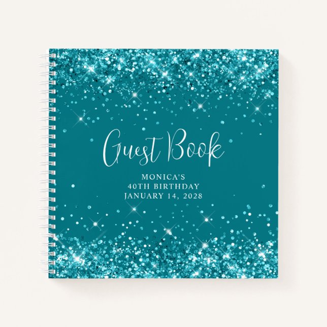 Glittery Dark Turquoise 40th Birthday Guest Notebook (Front)