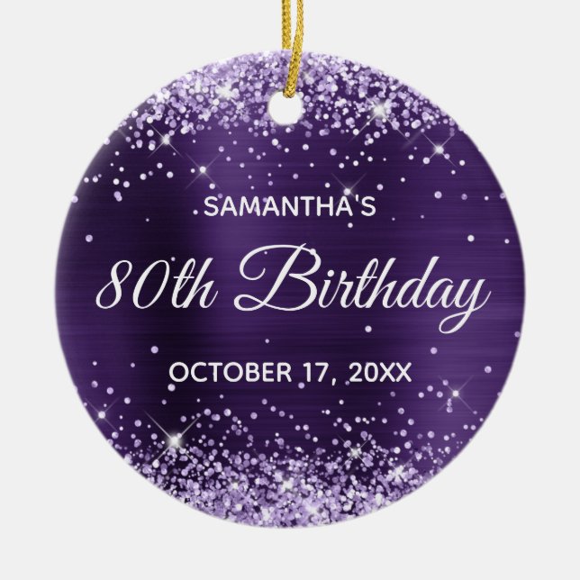 Glittery Dark Violet Purple Foil 80th Birthday Ceramic Tree Decoration (Front)