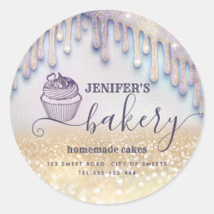 Glittery drips cupcake chef script bakery classic classic round sticker