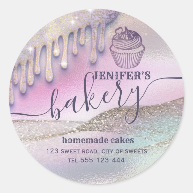 Glittery drips cupcake chef script bakery classic  classic round sticker (Front)