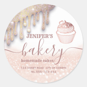 Glittery drips cupcake chef script bakery classic round sticker