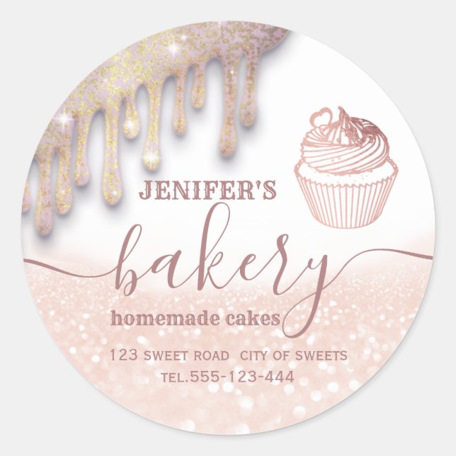 Glittery drips cupcake chef script bakery classic round sticker (Front)