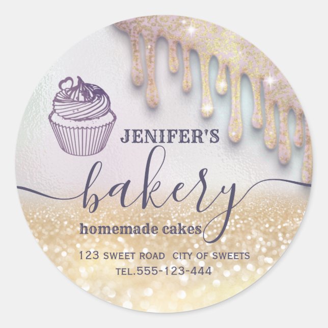 Glittery drips cupcake chef script bakery classic round sticker (Front)