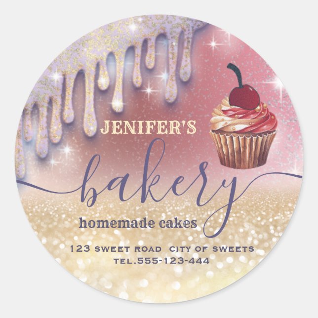 Glittery  drips cupcake chef script bakery classic round sticker (Front)