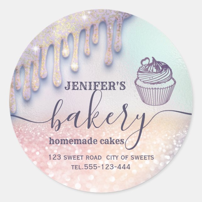 Glittery drips cupcake chef script bakery classic round sticker (Front)