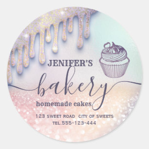 Glittery drips cupcake chef script bakery classic round sticker