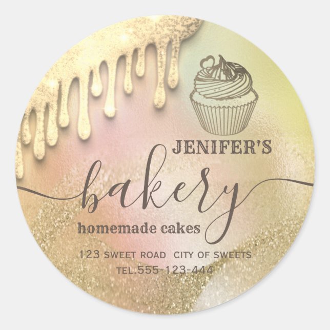 Glittery drips cupcake chef script bakery  classic round sticker (Front)