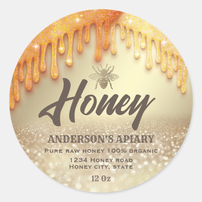 Glittery drips gold honey bee honey label (Front)