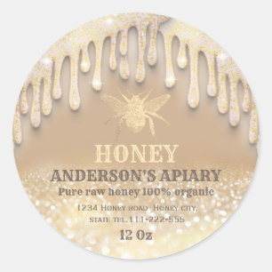Glittery drips gold honey bee honey label