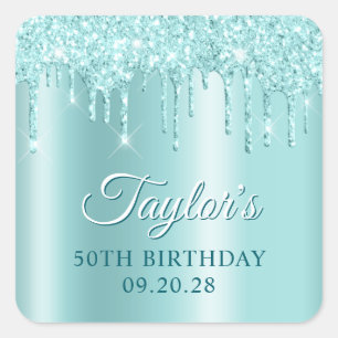 Glittery Drips Light Turquoise Ombre Drop Shadow Square Sticker