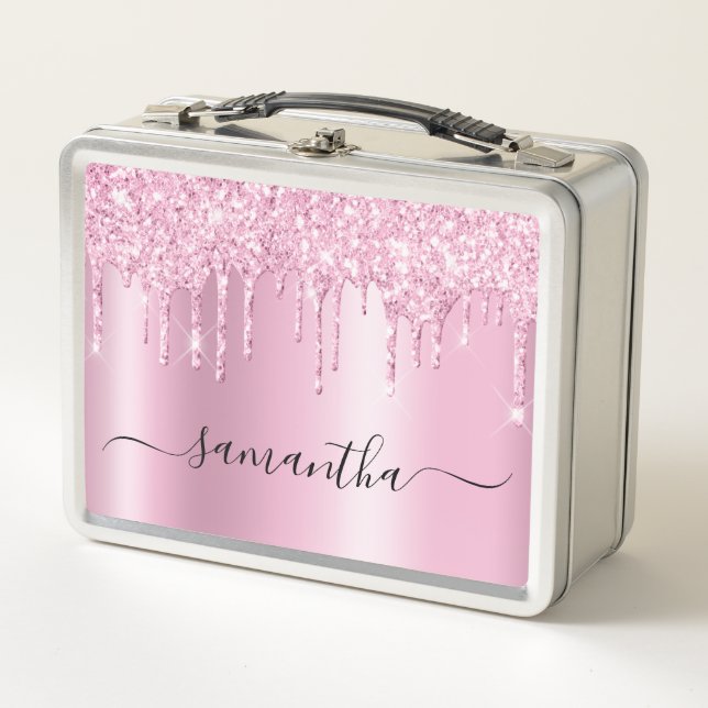 Glittery Drips Pink Shimmer Metal Lunch Box (Front)
