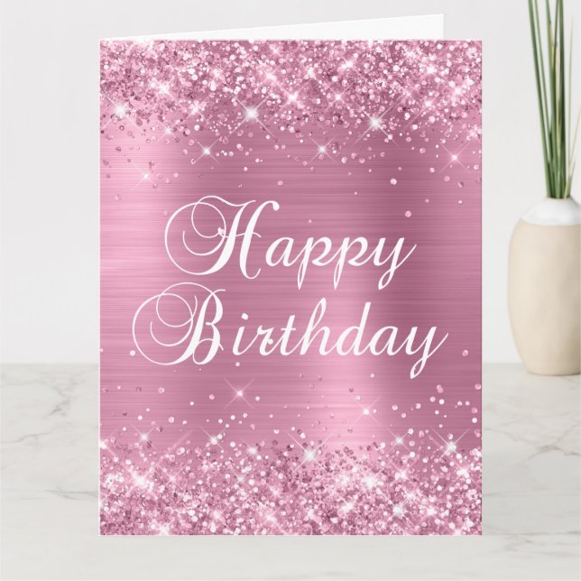 Glittery Dusty Pink Big Happy Birthday Card (Front)