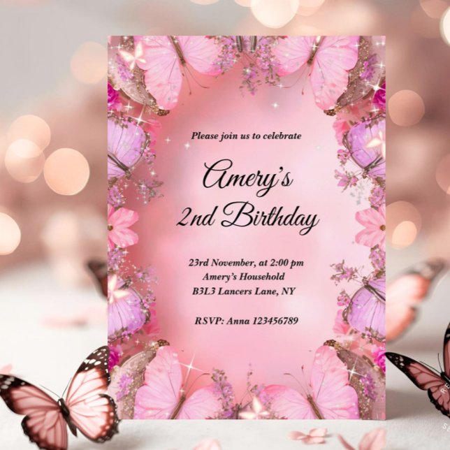 Glittery Elegant Pink Purple Butterfly Birthday Invitation (butterfly birthday invitation, pink butterfly birthday, little butterfly birthday, our little butter)