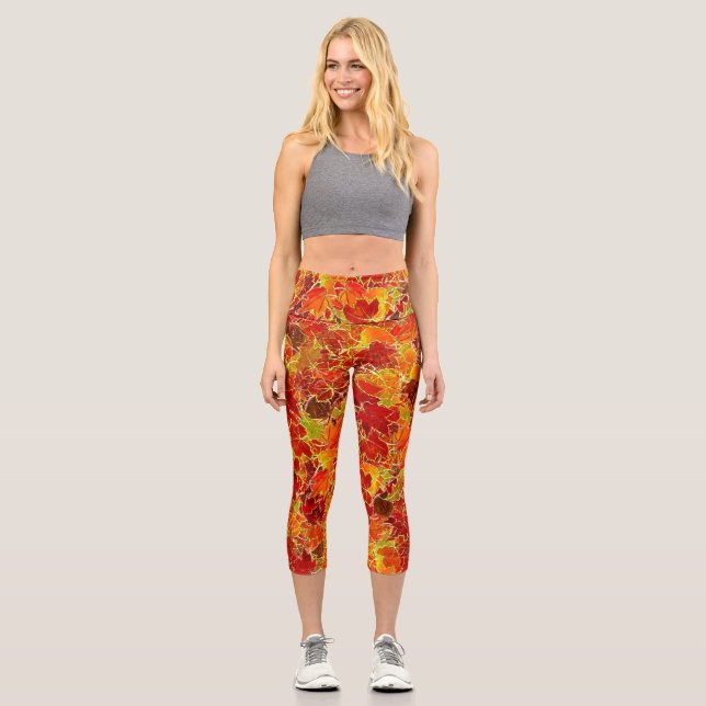 Glittery Fall Maple Leaves Capri Leggings (Front)