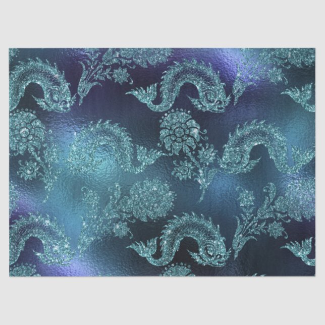 Glittery Fish and Flowers on Blue Decoupage Tissue Paper (Front)