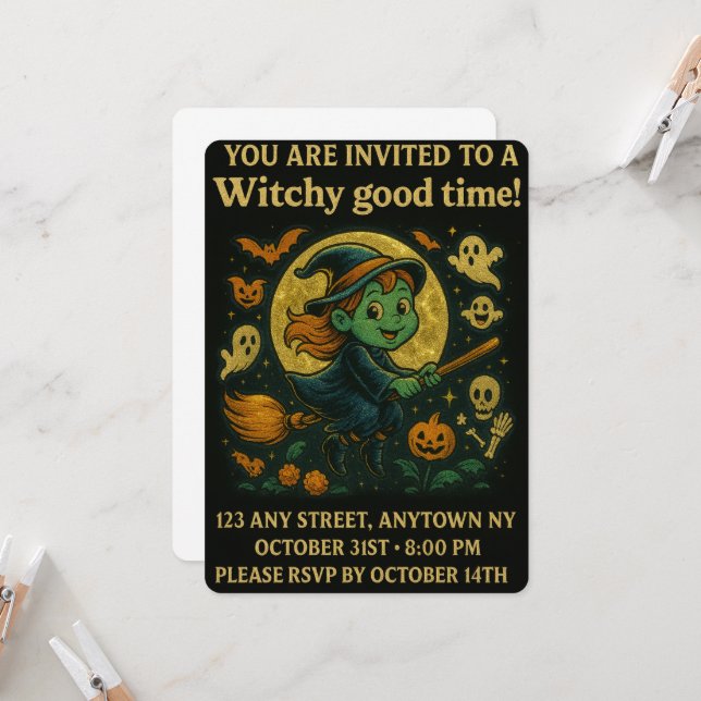 Glittery Flying Witch Halloween Party Invitation (Front/Back In Situ)