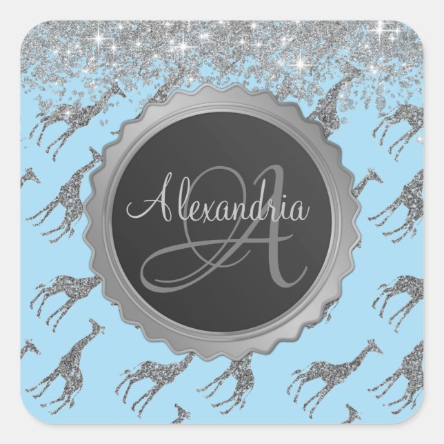 Glittery Giraffe on Blue Monogram Personalised Square Sticker (Front)