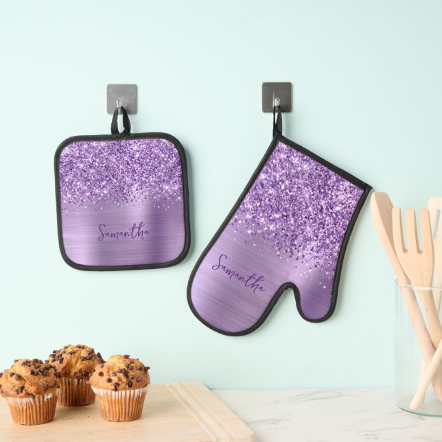 Glittery Glam Royal Purple Name Oven Mitt & Pot Holder Set (Insitu(Hanging))