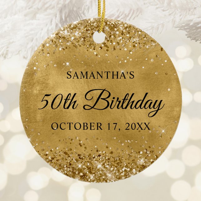 Glittery Gold 50th Birthday Ceramic Tree Decoration (Glittery Gold Foil Birthday Photo Ceramic Ornament)