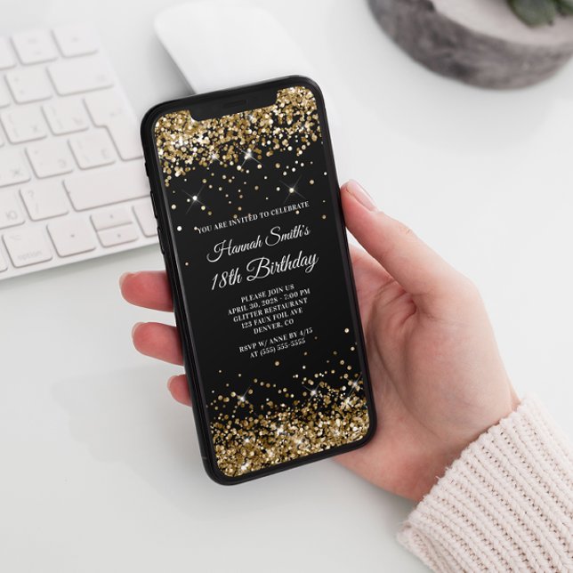 Glittery Gold and Black 18th Birthday Invitation (Creator Uploaded)