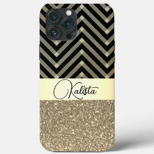 Glittery Gold and Black Chevron Personalised iPhone 13 Pro Max Case