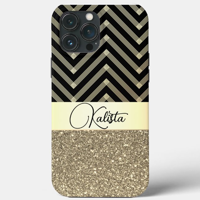 Glittery Gold and Black Chevron Personalised Case-Mate iPhone Case (Back)