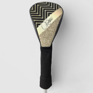 Glittery Gold and Black Chevron Personalised Golf Head Cover