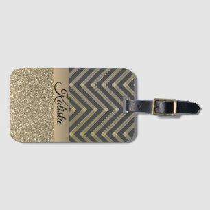 Glittery Gold and Black Chevron Personalised Luggage Tag