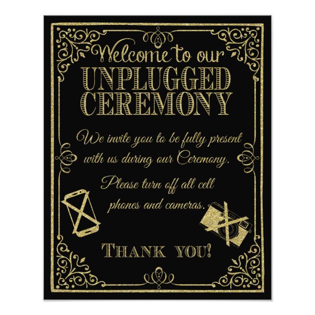 glittery gold and black unplugged wedding sign (Front)