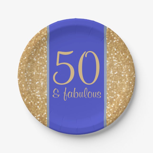 Glittery Gold and Blue 50 & Fabulous 50th Birthday Paper Plate (Front)