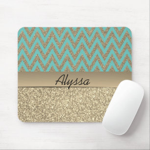 Glittery Gold and Blue Chevron Mouse Pad