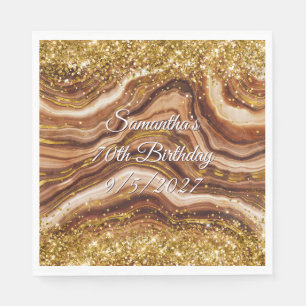 Glittery Gold and Brown Agate 70th Birthday Napkin