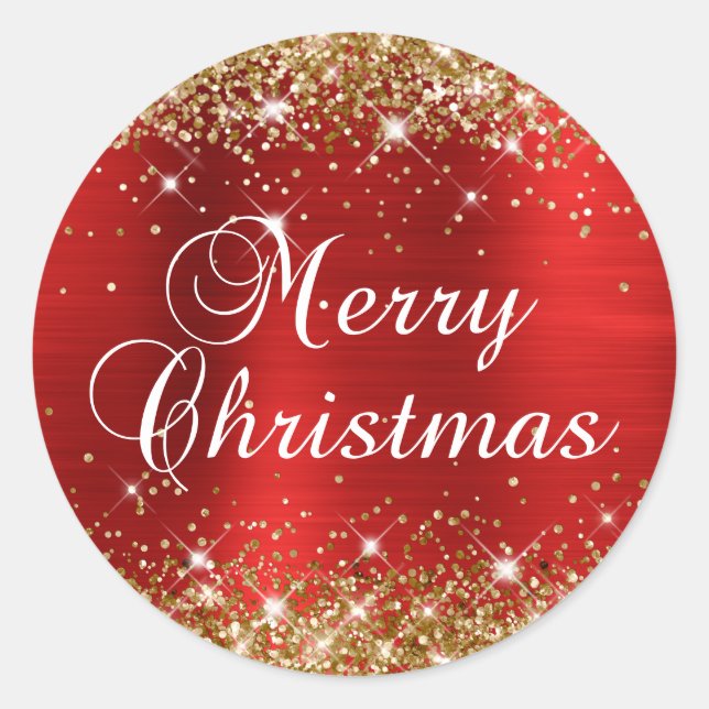 Glittery Gold and Red Foil Merry Christmas Classic Round Sticker (Front)