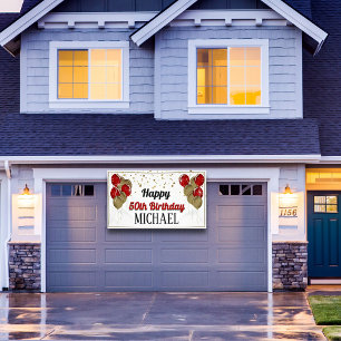 Glittery Gold and Red Happy Birthday Banner