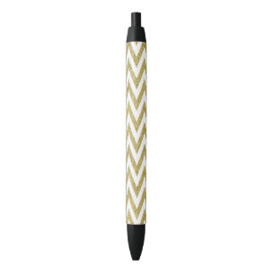 Glittery Gold and White Chevron Stripes Black Ink Pen